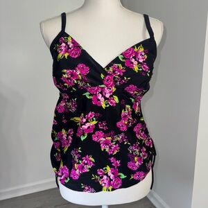Catalina Plus 1X 16W Floral Tankini Swim Top Black Pink Removable Pads